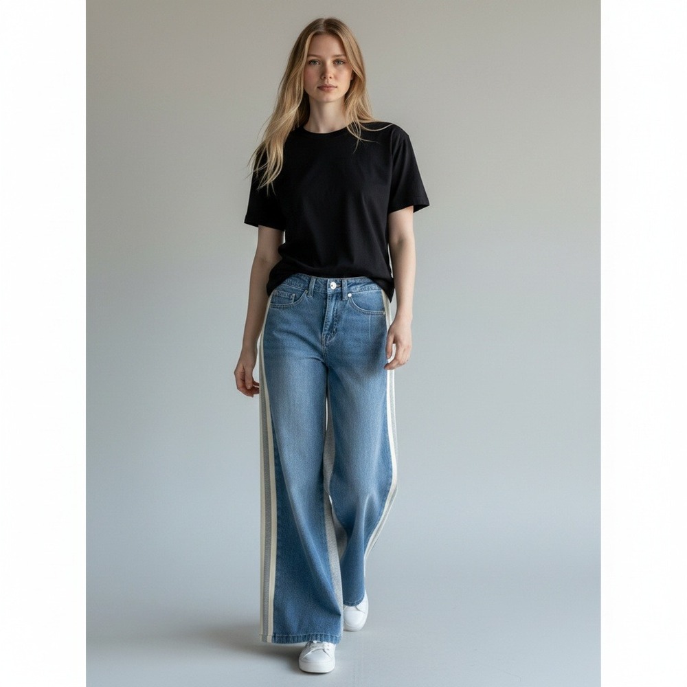Austin Landing Mixed Media Wide Leg Jeans 5 Blue Grey Side Stripe Flare HighRise